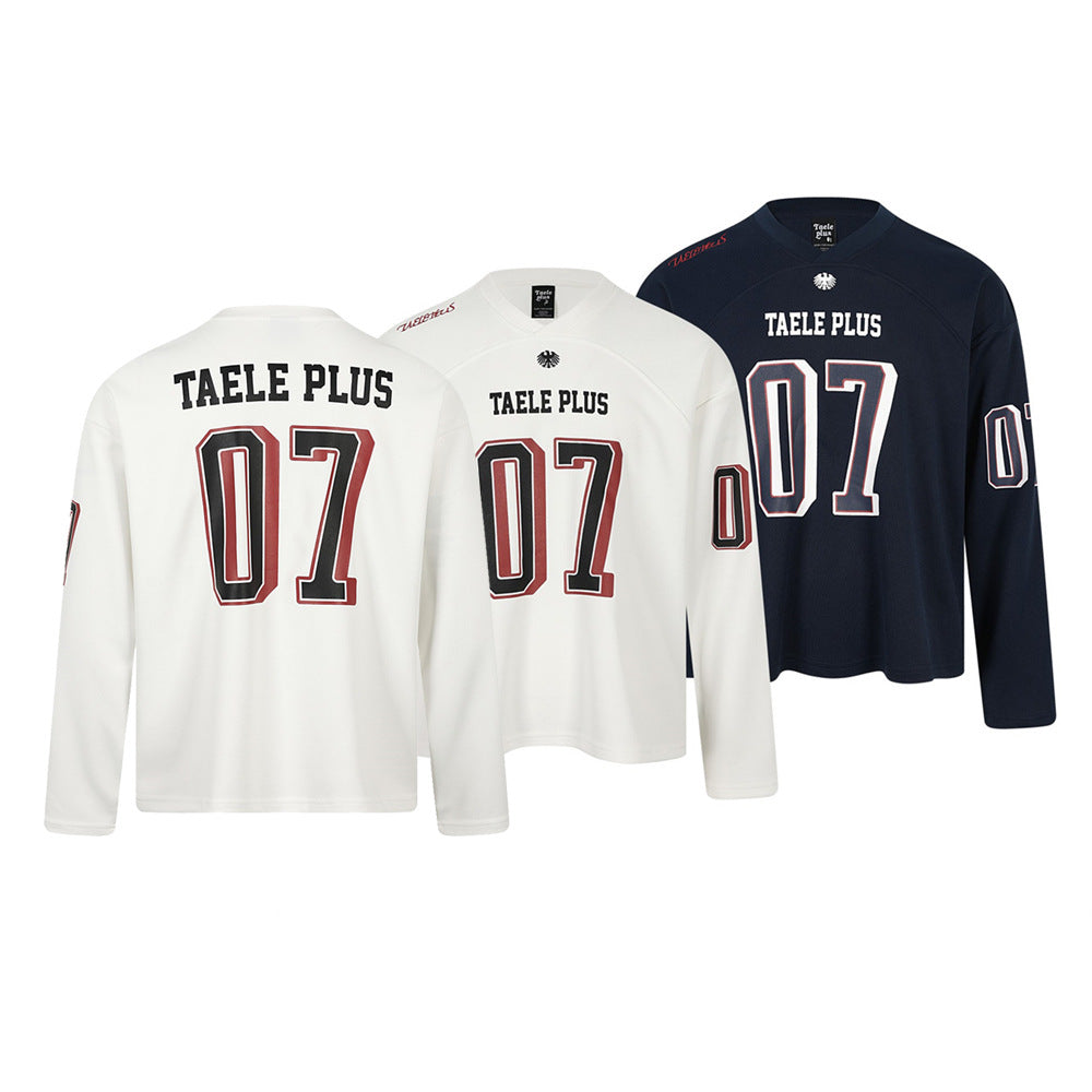 Taele Plus 07 number print oversized football jersey long-sleeve V-neck tee in white and navy, front and back view