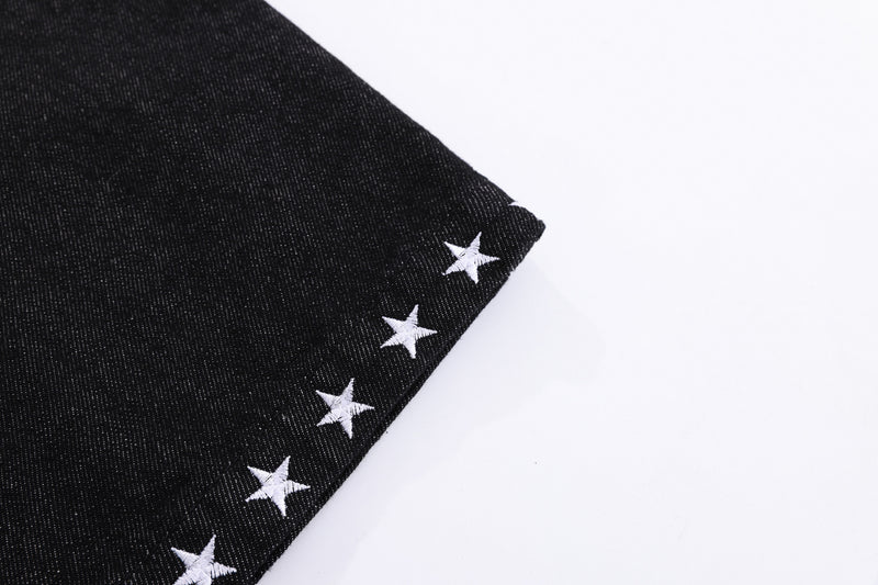Baggy Wide-Leg Jeans with Star Embroidery & Leopard Waistband – Black