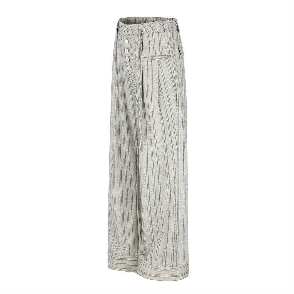 Wide-Leg Striped Trousers – Button-Fly Pleated Straight-Cut Pants