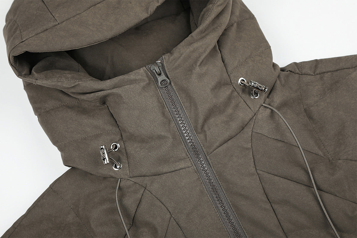Hooded Quilted Puffer Jacket – Ribbed Panel Down Coat in Olive & Black