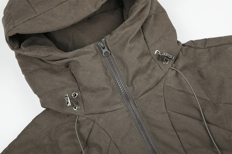 Hooded Quilted Puffer Jacket – Ribbed Panel Down Coat in Olive & Black