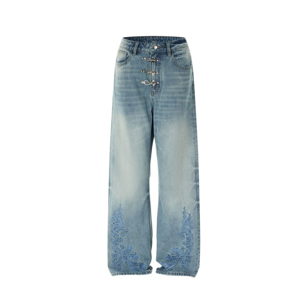 Men's Light Wash Jeans – Floral Embroidery, Metal Clasp Fly & Straight Leg