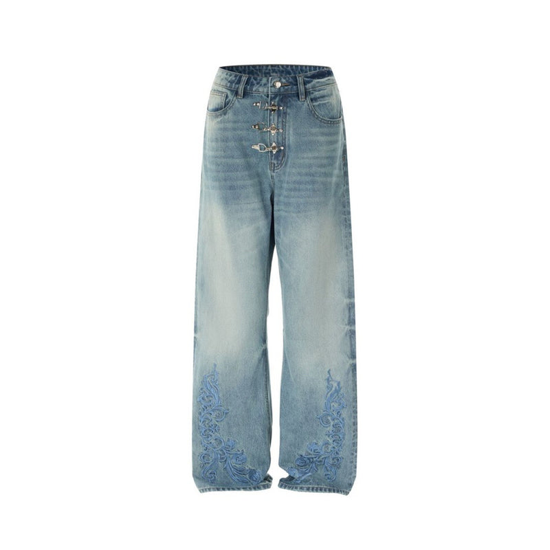 Men's Light Wash Jeans – Floral Embroidery, Metal Clasp Fly & Straight Leg