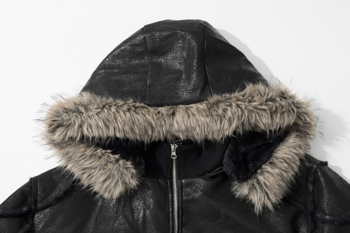 Faux Leather Bomber Jacket with Fur-Trim Hood & Fleece Lining — Black
