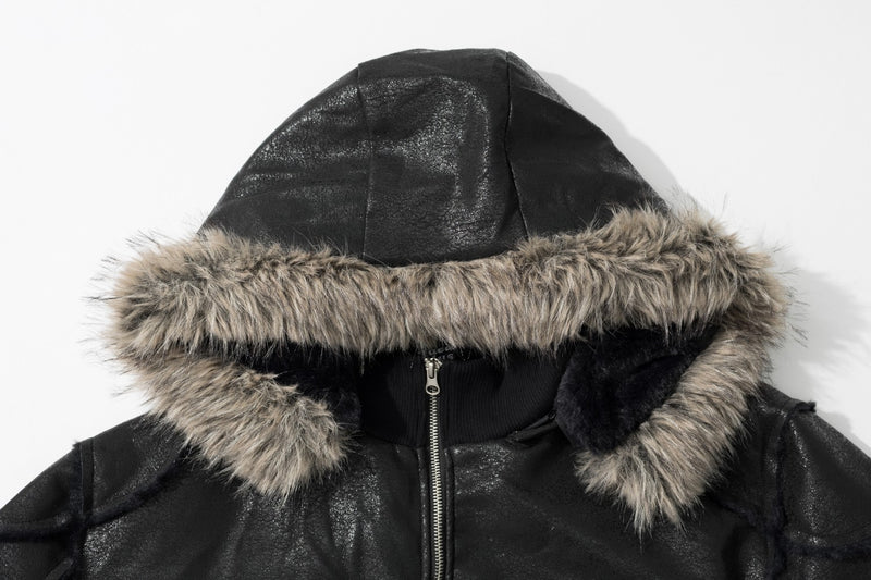 Faux Leather Bomber Jacket with Fur-Trim Hood & Fleece Lining — Black