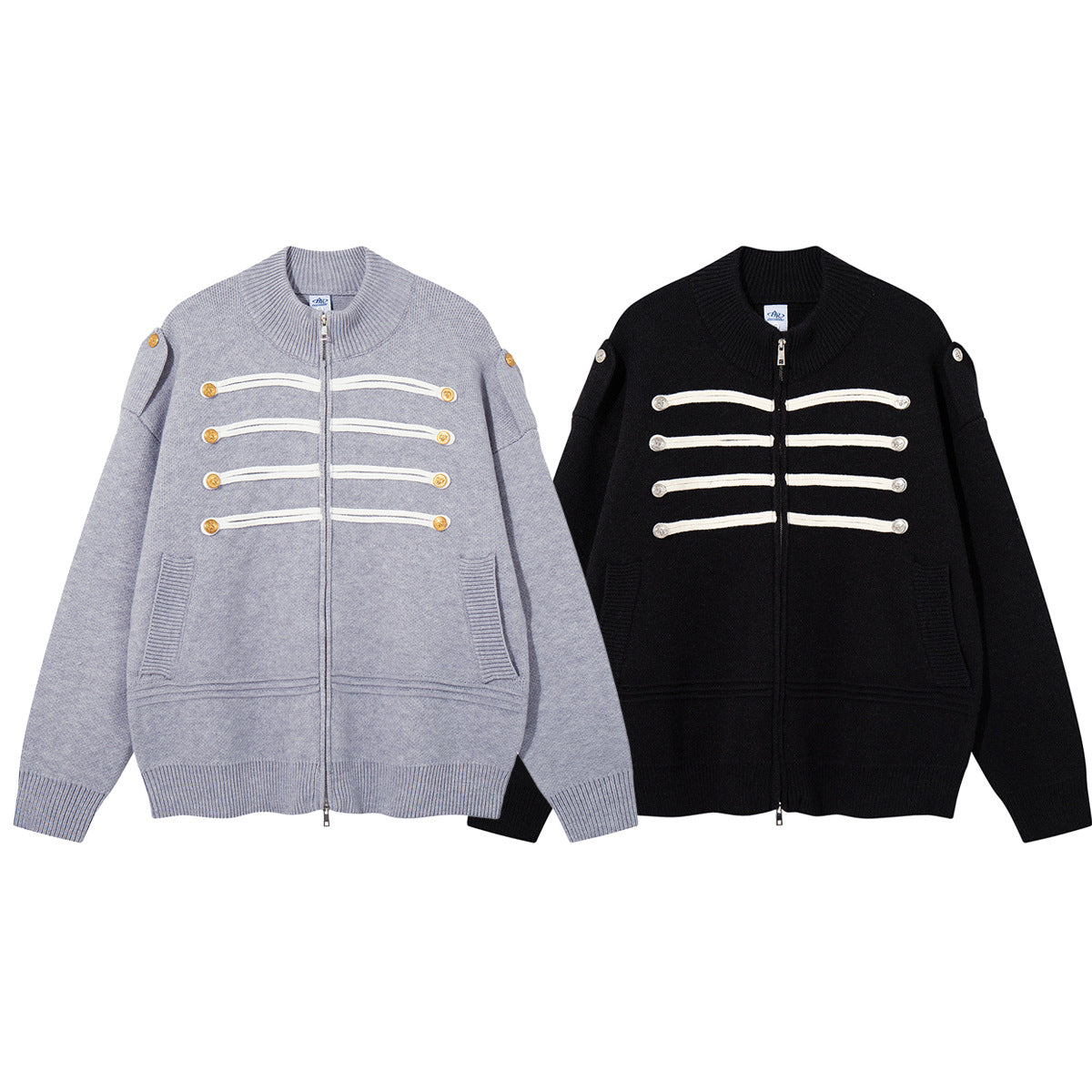 Military Knit Zip-Up Cardigan Sweater with Braided Cord & Button Detail