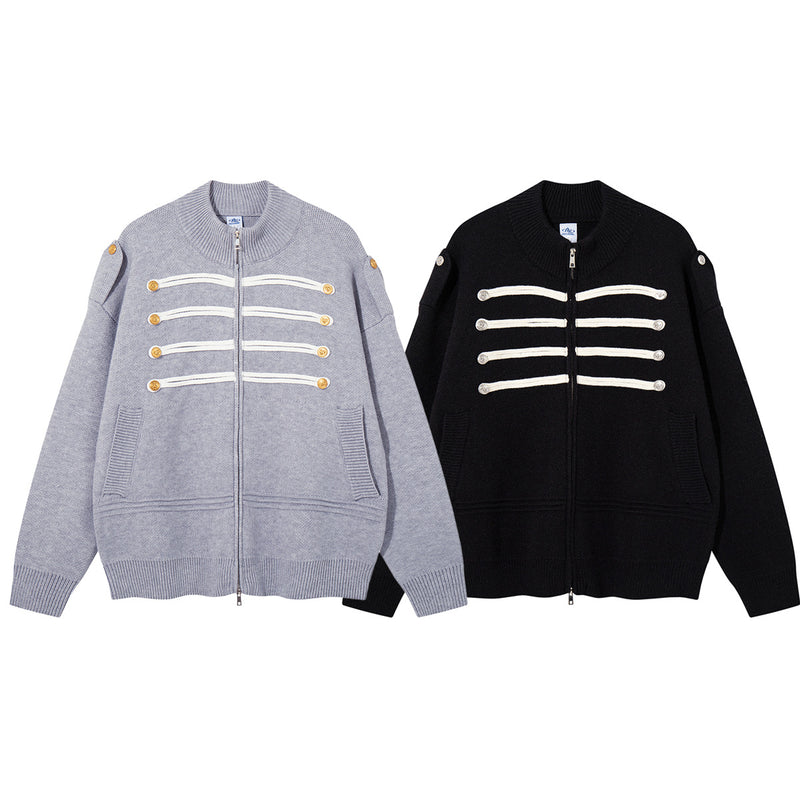 Military Knit Zip-Up Cardigan Sweater with Braided Cord & Button Detail