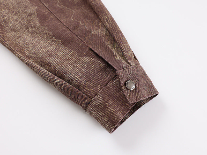 Men's Brown Bomber Jacket Vintage Washed Camo-Pattern Zip-Up Outerwear