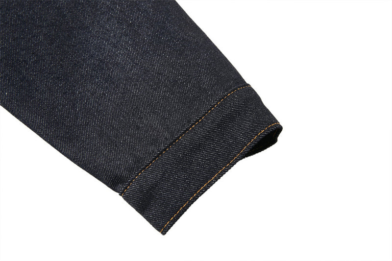 Men's Dark Indigo Denim Jacket with Metal Buckle Pleated Front Detail