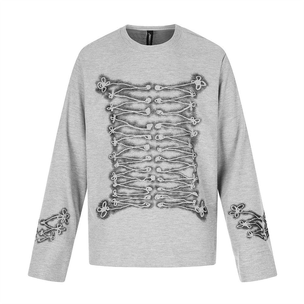 Gray long sleeve crew neck tee front view with rope-knot lace-up graphic and sleeve accents