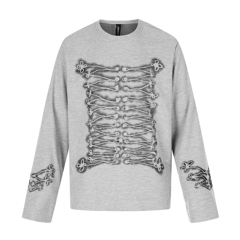 Gray long sleeve crew neck tee front view with rope-knot lace-up graphic and sleeve accents