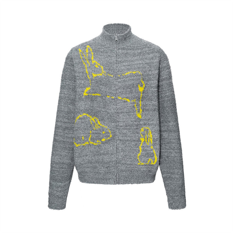 Rabbit Print Zip-Up Knit Sweater – Men's Oversized Mock Neck Cardigan