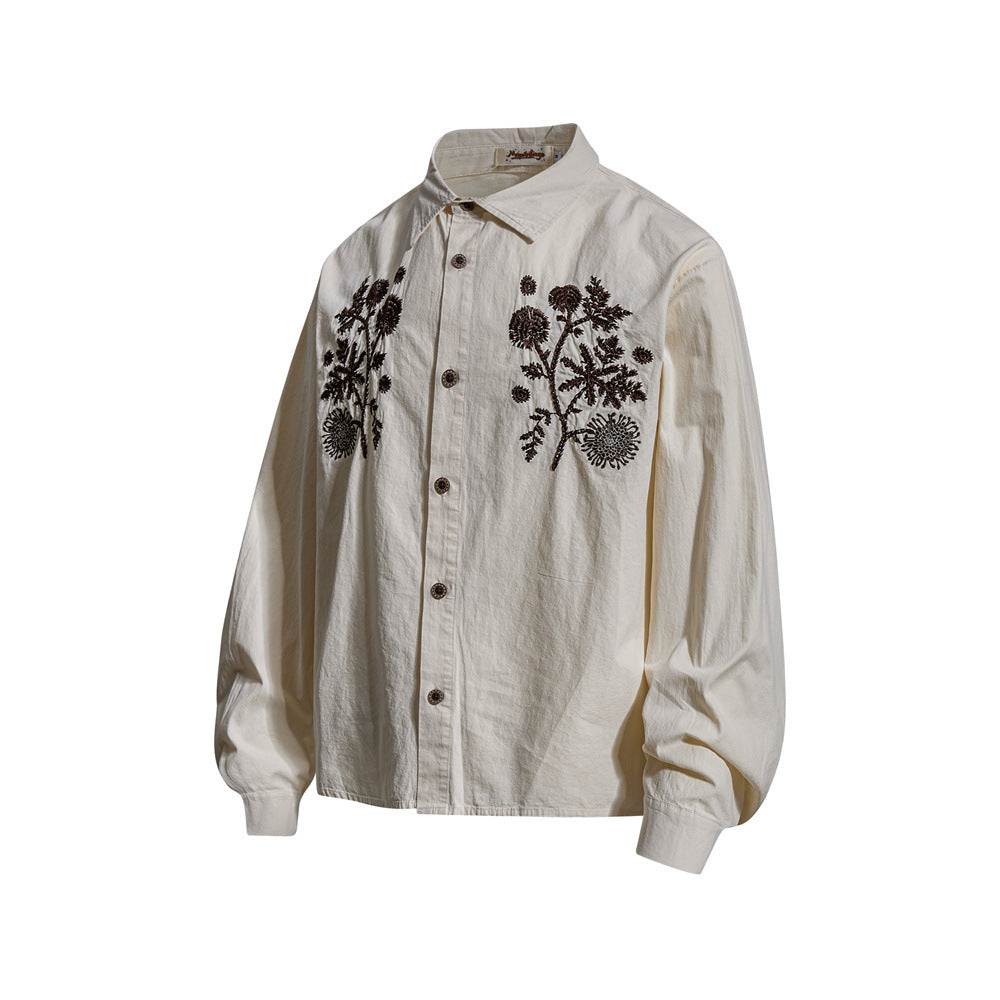 Floral Embroidered Oversized Long-Sleeve Button-Up Shirt