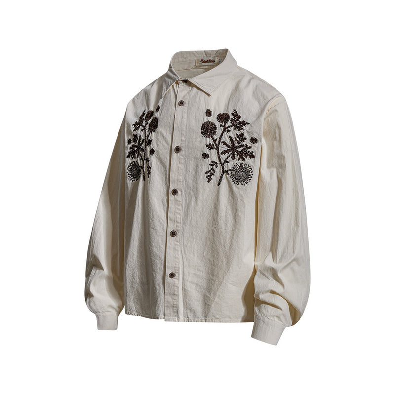 Floral Embroidered Oversized Long-Sleeve Button-Up Shirt