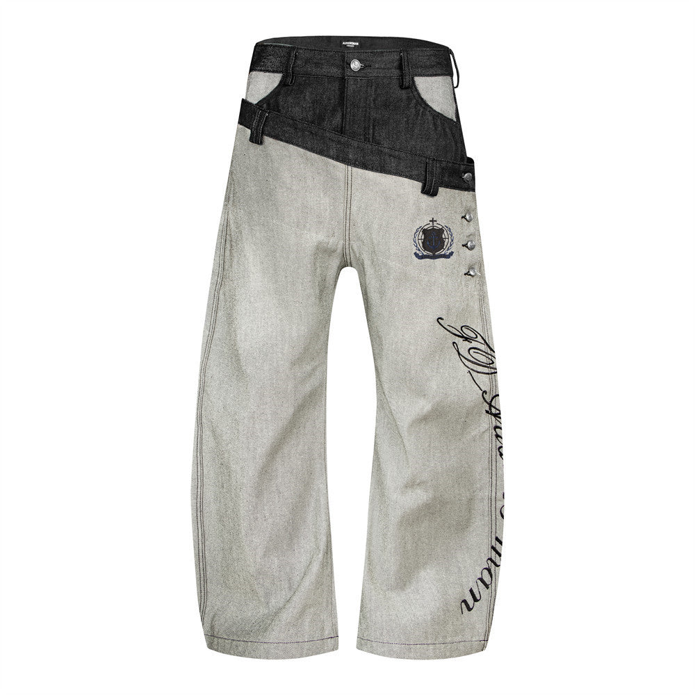 Wide-Leg-Jeans mit zweifarbigem Doppelbund – Script-Stickerei und geschwungener Saum