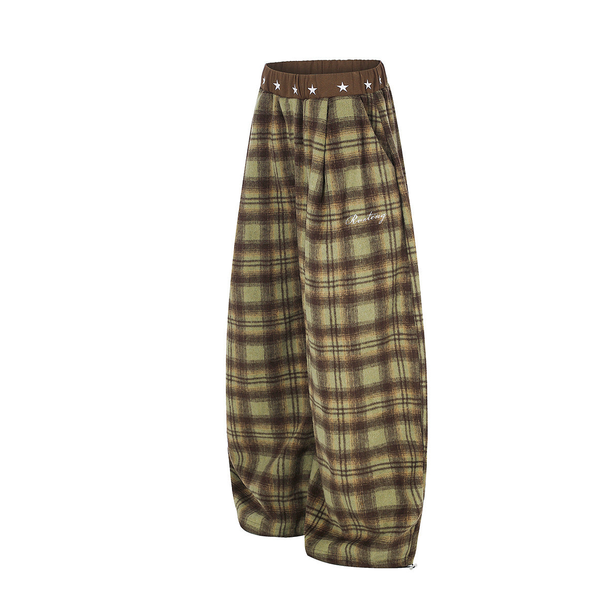 Plaid Wide-Leg Pants with Star Waistband – Oversized Retro Streetwear Trousers