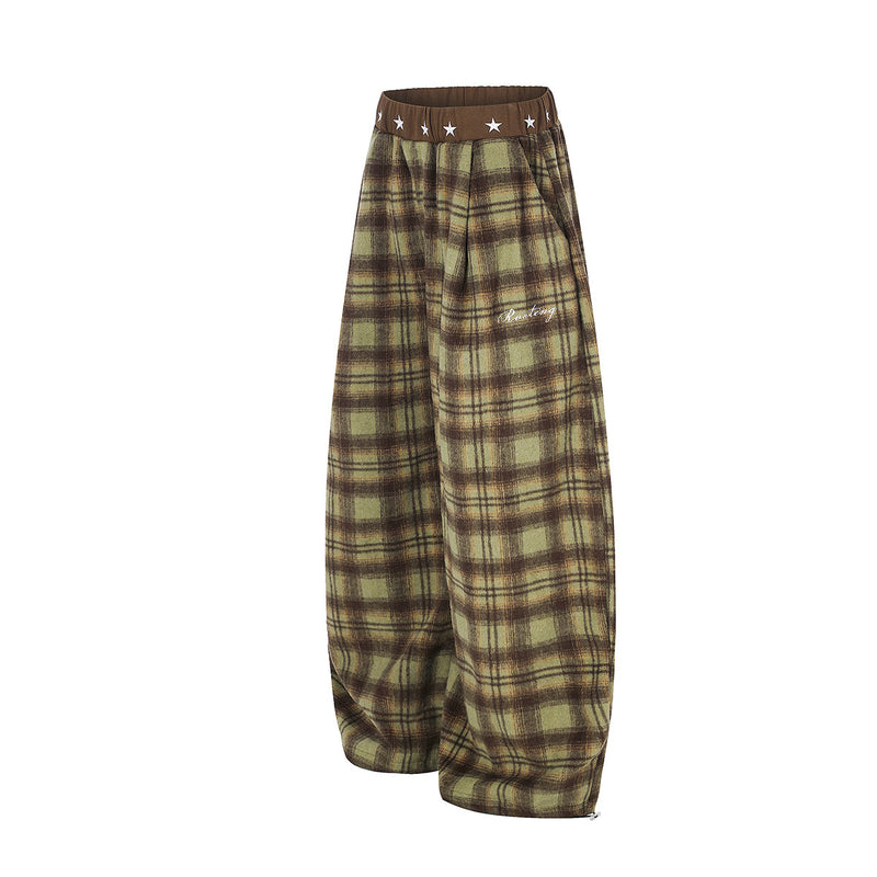 Plaid Wide-Leg Pants with Star Waistband – Oversized Retro Streetwear Trousers