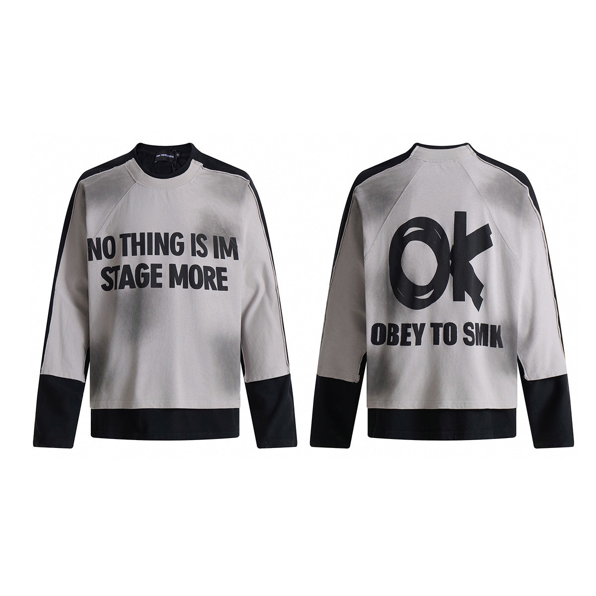 T-shirt graphique color-block à manches longues – Haut streetwear oversize bicolore délavé
