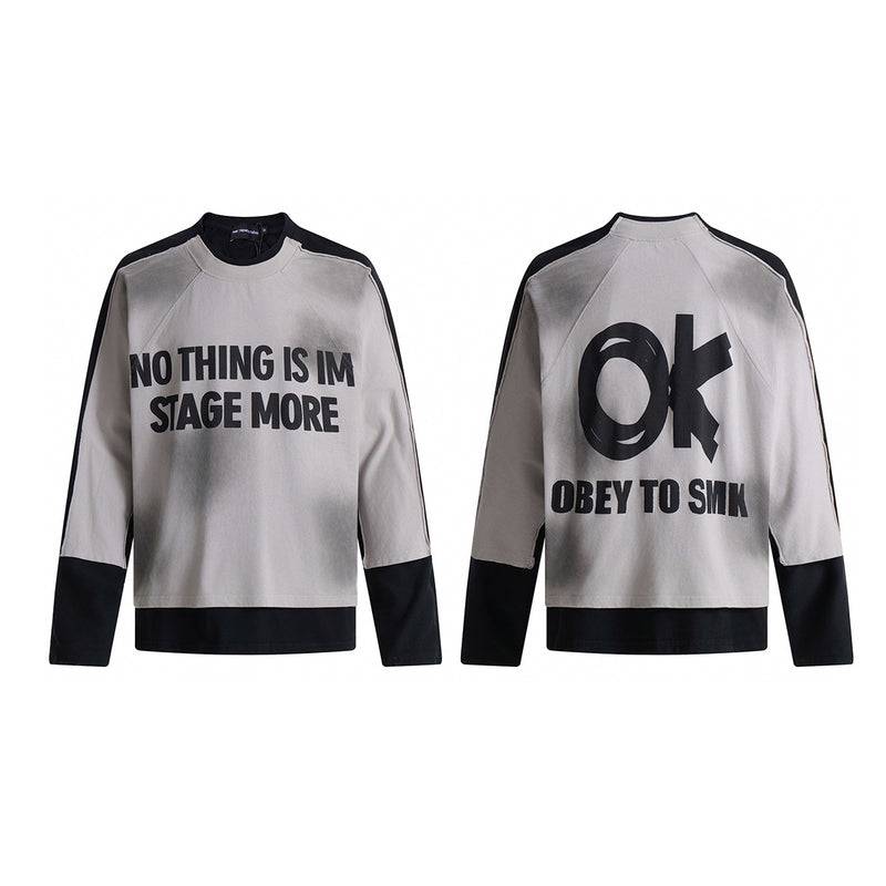 T-shirt graphique color-block à manches longues – Haut streetwear oversize bicolore délavé