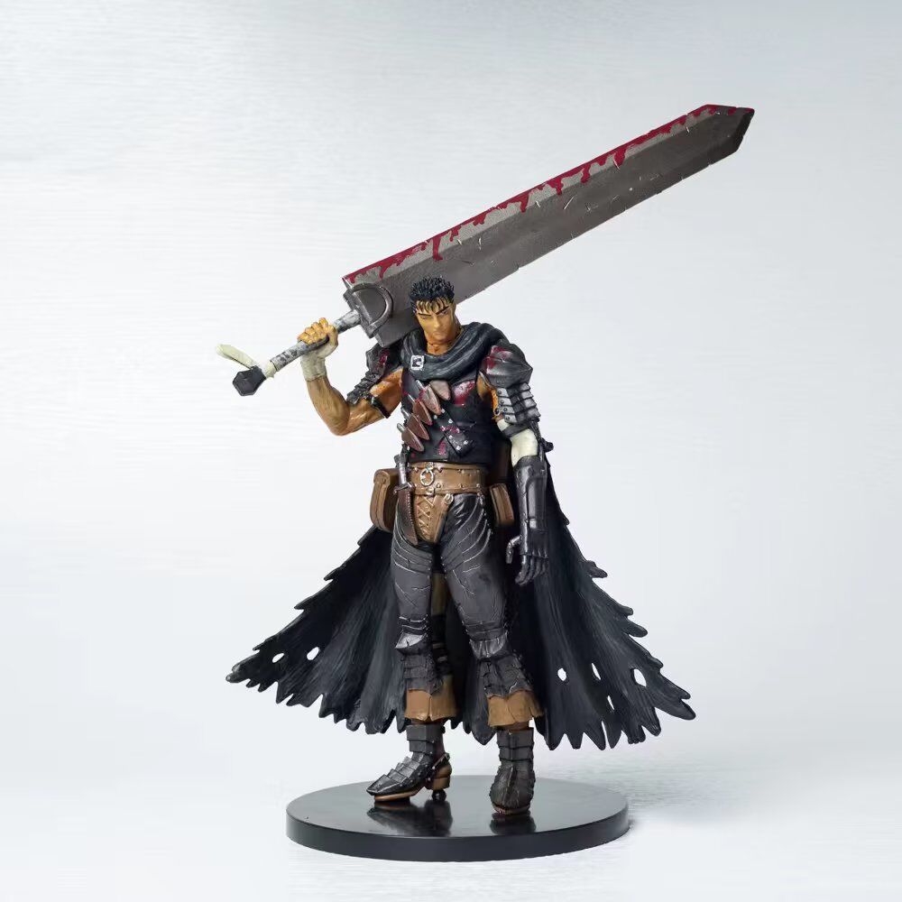 The Berserk Guts Marked Bloodstained Version action figure is a 21 cm PVC statue featuring a detailed figurine of a berserk warrior in dark armor with a tattered cape, wielding a bloodstained, jagged-edged sword on one shoulder, set against a plain background.