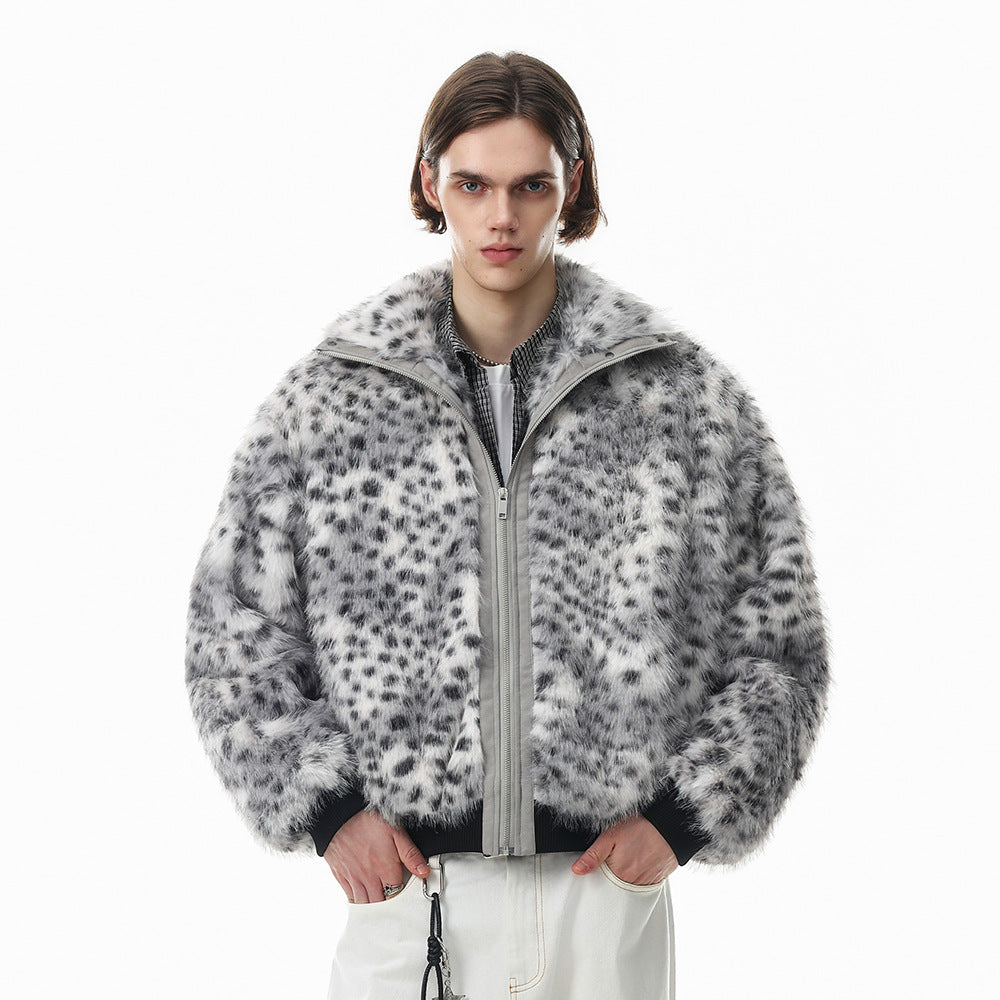 Men's oversized grey and black snow leopard faux fur bomber jacket with high stand collar and ribbed cuffs, front and back vi
