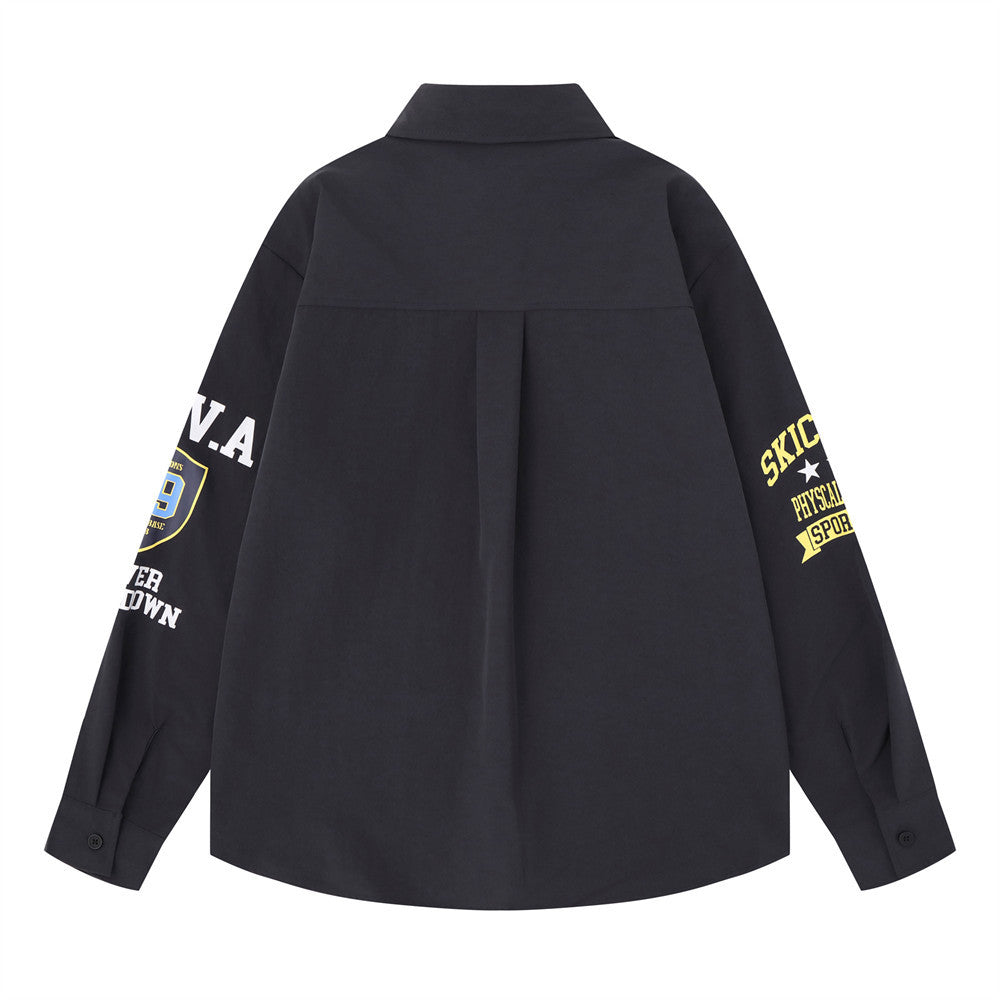 Varsity Letter Print Oversized Long Sleeve Button-Up Shirt