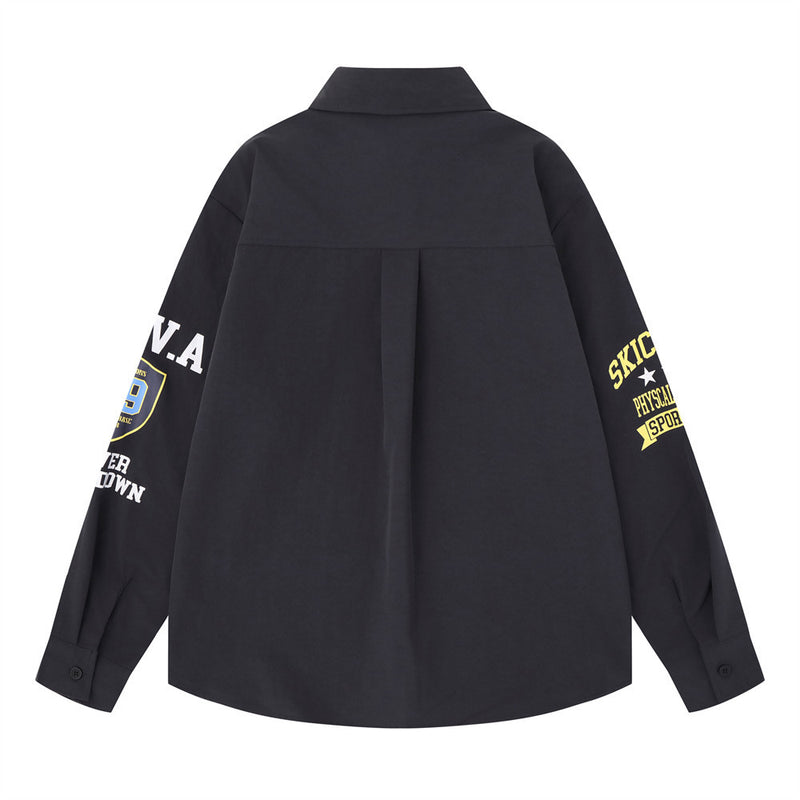Varsity Letter Print Oversized Long Sleeve Button-Up Shirt