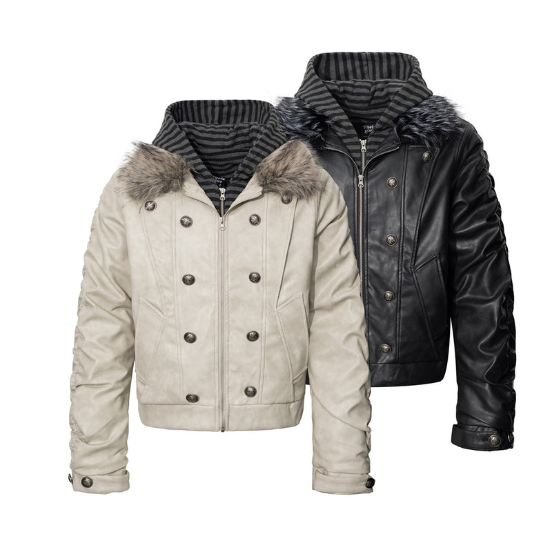 Veste matelassée en similicuir avec col en fausse fourrure et boutons croisés