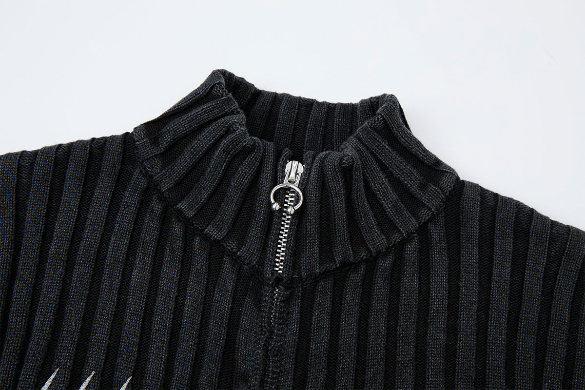 Ribbed Knit Mock-Neck Full-Zip Cardigan Sweater with Lightning Bolt Embroidery