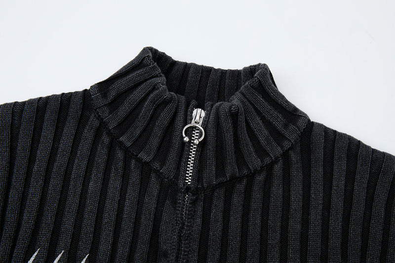 Ribbed Knit Mock-Neck Full-Zip Cardigan Sweater with Lightning Bolt Embroidery
