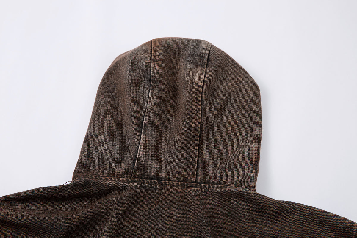 Washed Denim Hoodie Jacket – Boxy Fit with Embroidered Appliqué