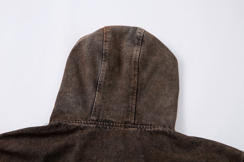 Washed Denim Hoodie Jacket – Boxy Fit with Embroidered Appliqué