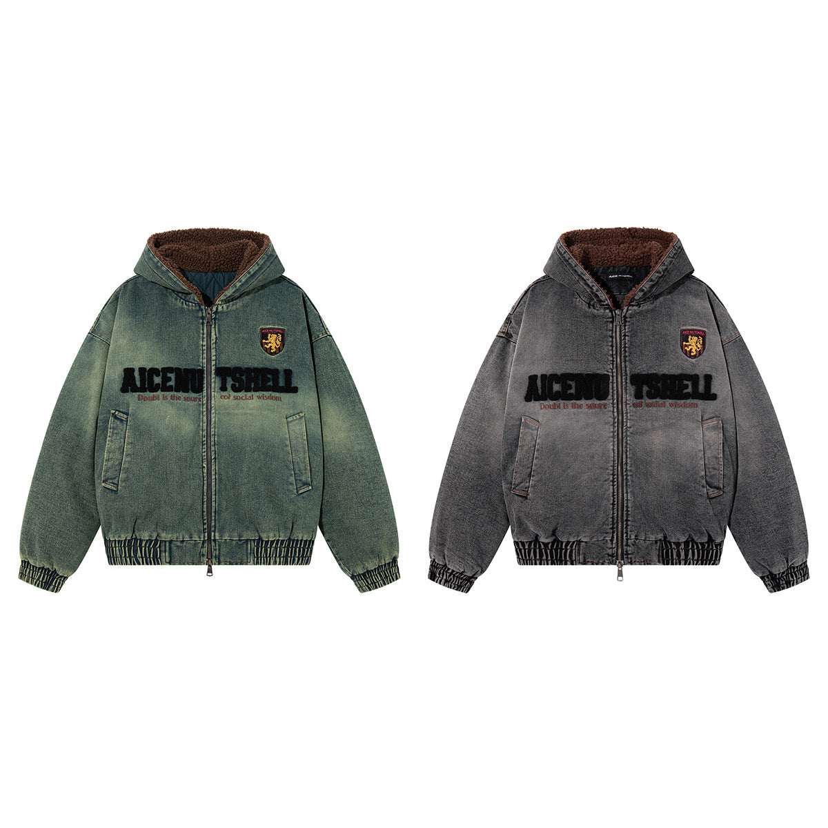 Washed Denim Padded Hoodie Jacket with Embroidered Logo & Sherpa Collar