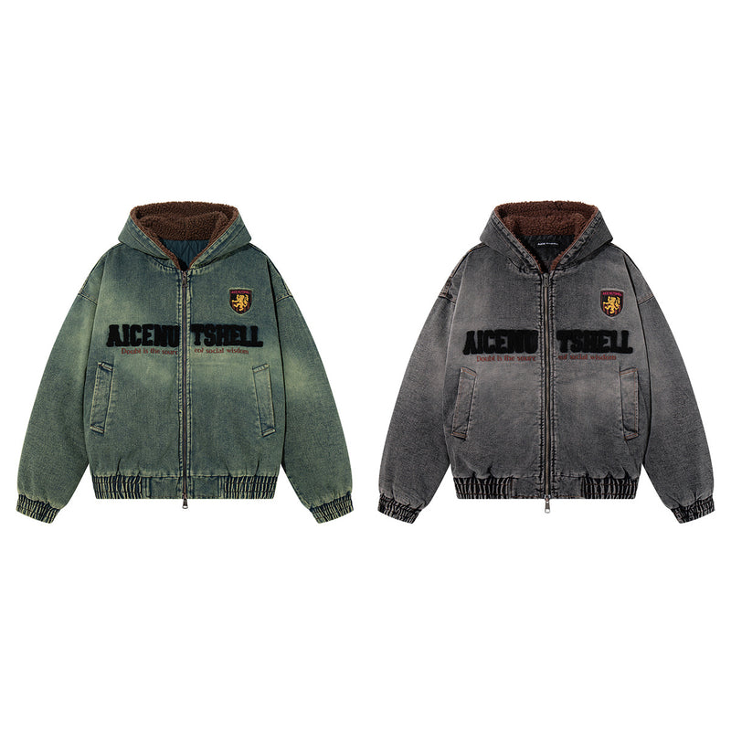 Washed Denim Padded Hoodie Jacket with Embroidered Logo & Sherpa Collar
