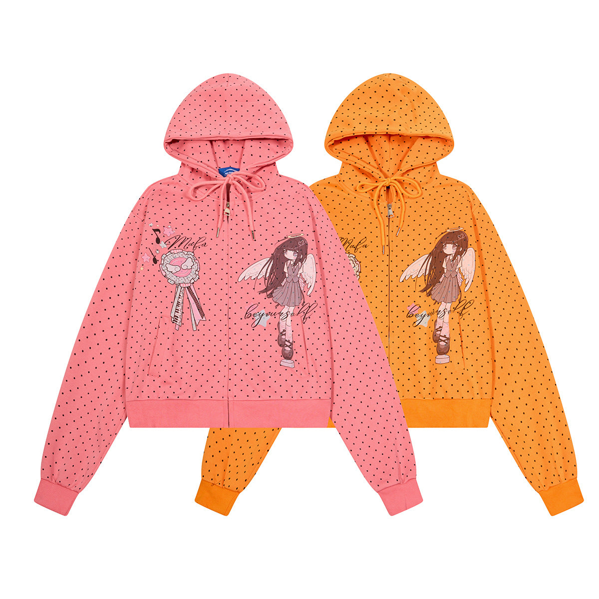 Sweat à capuche zippé anime – Sweat court à pois avec illustration d’ange