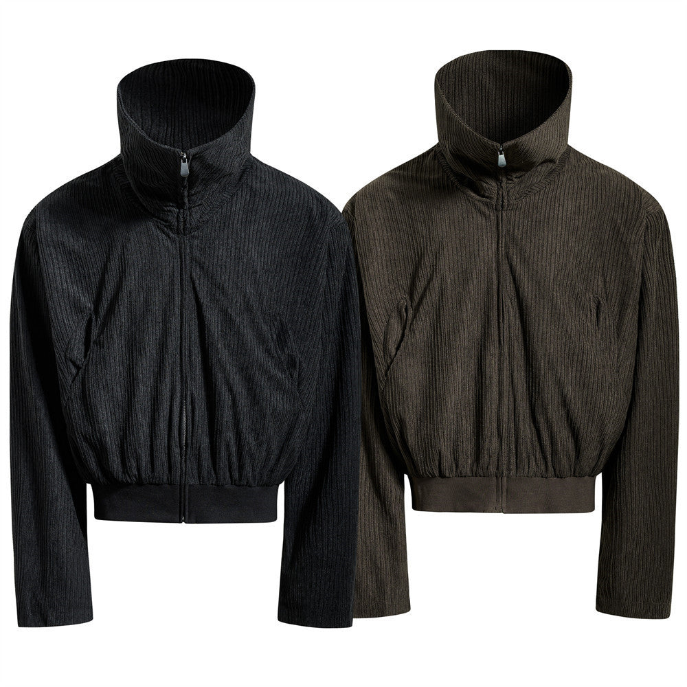 Chaqueta corta con cremallera y cuello alto - Corte holgado y textura de canalé