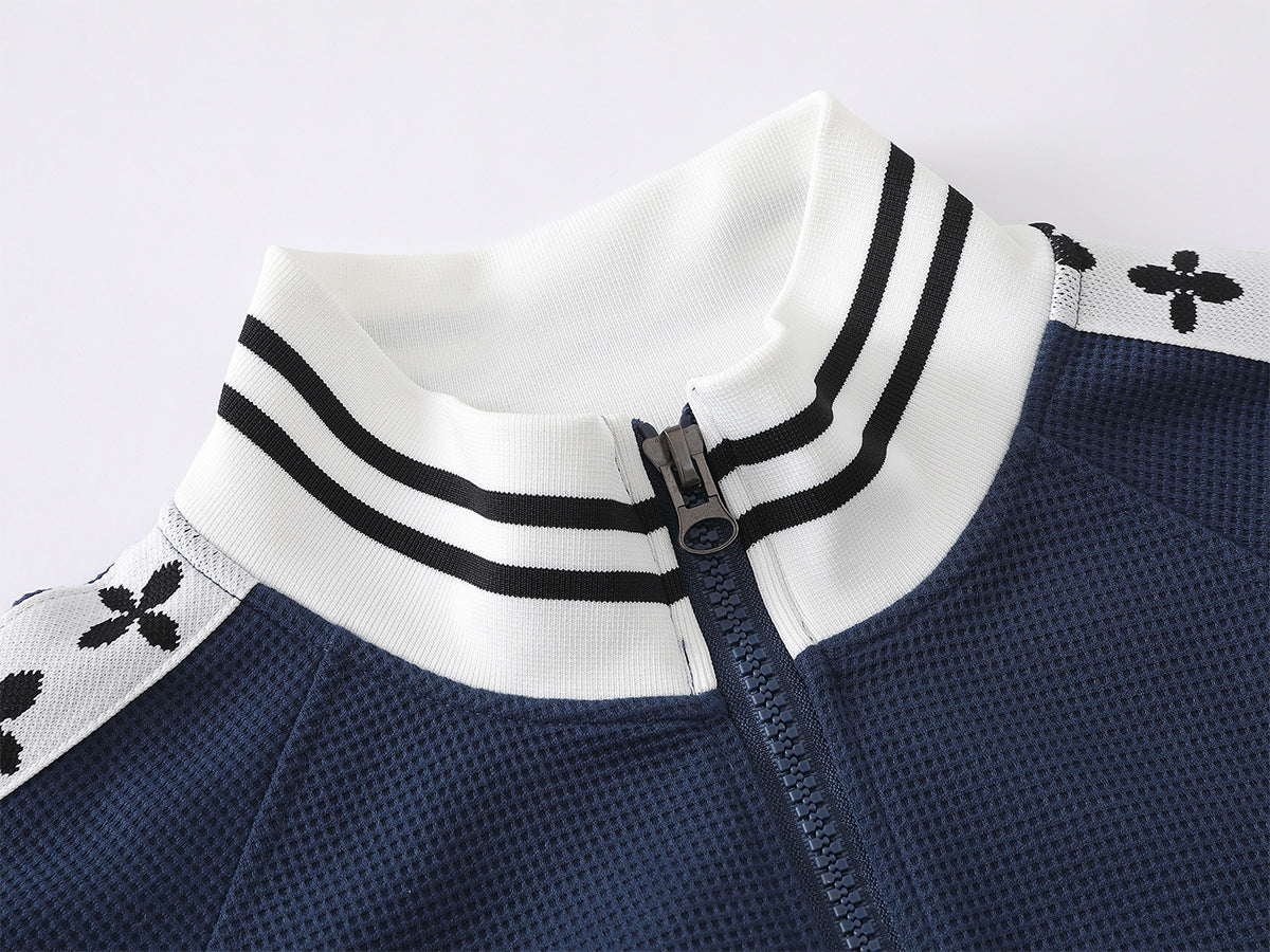 Retro-Trainingsjacken- & Sweathosen-Set – Stehkragen mit Reißverschluss und Fleur-de-Lis-Seitenstreifen