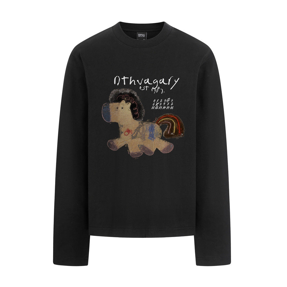 Long Sleeve Graphic Tee – Cartoon Horse Print, Relaxed Fit Crew Neck