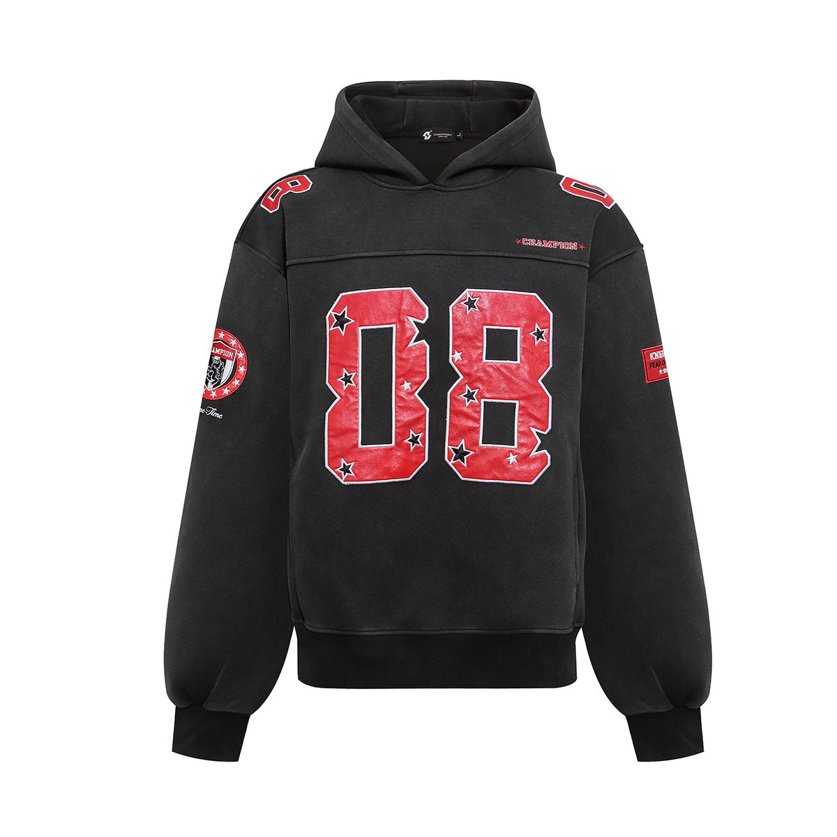 Oversized American football varsity hoodie with '08' faux-leather patch and star embroidery in washed black with red detailin
