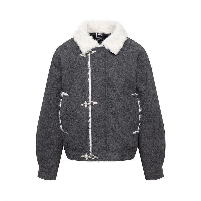 Wool Bomber Jacket Men – Shearling Collar, Metal Clasp Closure, Charcoal