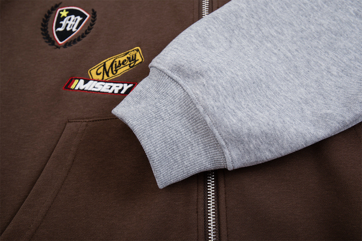 Sweat zippé rétro avec écussons racing – Modèle raglan color block à badges brodés