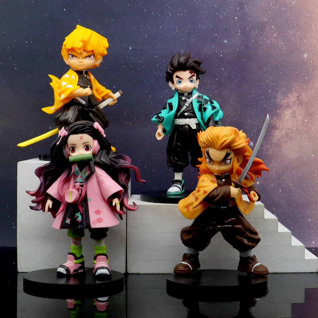 The 4-piece Demon Slayer figure set showcases high-quality PVC collectibles featuring Tanjiro, Nezuko, Zenitsu in a yellow coat, and Rengoku holding a sword against a starry background. Each 17cm figure displays unique outfits: pink dress and blue jacket included. A perfect anime gift!.