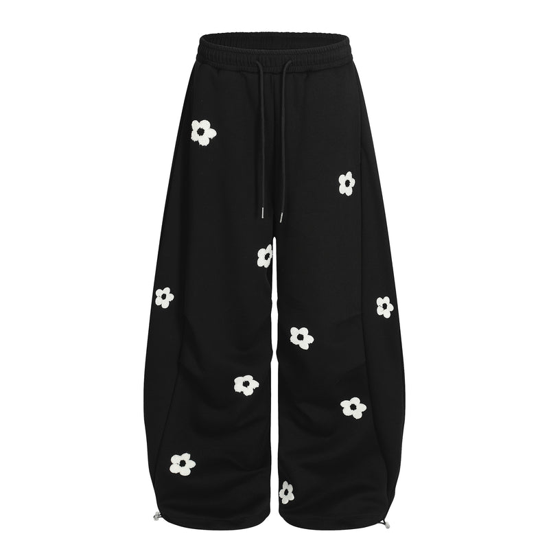Pantalon de survêtement wide leg avec broderie florale intégrale et taille à cordon