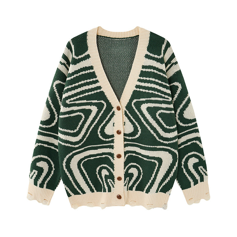 Abstrakter Wirbel-Strickcardigan – Oversized Pullover mit V-Ausschnitt und Knopfleiste
