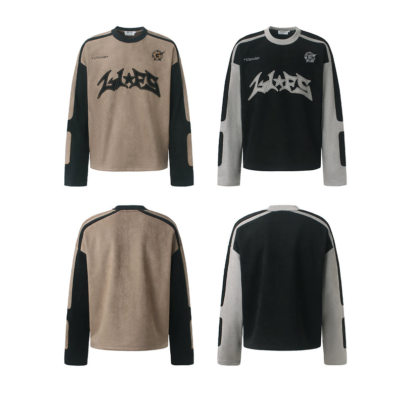 Langarmshirt aus velourslederartigem Material im Colorblock-Design mit Graffiti-Patch-Logo