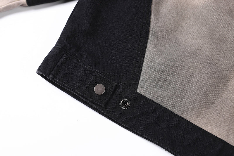 Abstrakte Patchwork-Reißverschlussjacke – Zweifarbig in Schwarz und gewaschenem Grau, verkürzte Harrington-Jacke