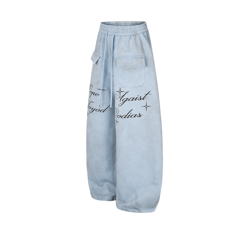 Pantalones de Chándal de Pierna Ancha con Estampado de Texto y Bolsillos Cargo