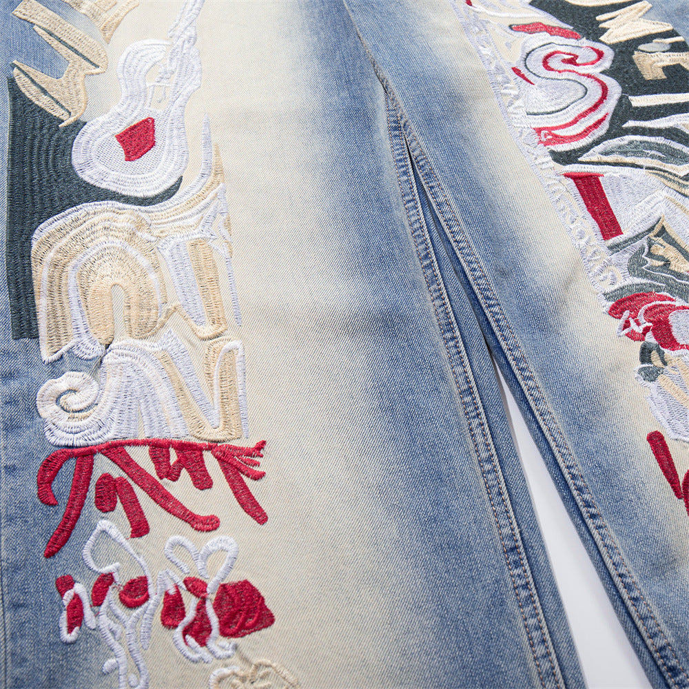 Graffiti Embroidered Wide-Leg Jeans – Punk Distressed Vintage Denim