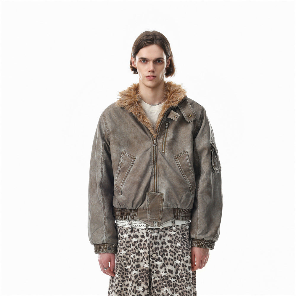 Men's Distressed Bomber Jacket with Faux Fur Collar – Padded Stand-Collar