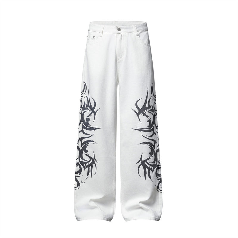 Tribal Print Wide-Leg Jeans – Men's Streetwear Straight Baggy Pants